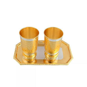 ชุดแก้วน้ำชุบทองโบราณพร้อมถาด งานฝีมือโลหะ ดีไซน์ใหม่มาแรง ขายดีที่สุด - Product Image 1
