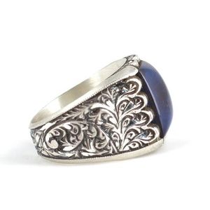 925 Sterling Silver Men's <b>Ring</b> Hand-Engraved Rectangular Blue Compressed Amber Stone Geometric Pattern Rhodium for Everyday Wear - Product Image 3