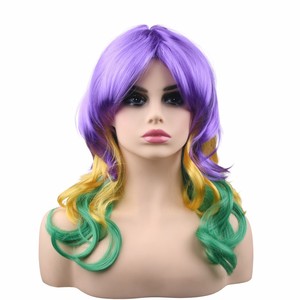 <span class=keywords><strong>Perruque</strong></span> synthétique longue ondulée colorée pour le Mardi Gras (violet, jaune, vert) pour femmes et filles, résistante à la chaleur, avec bonnet en maille élastique pour le cosplay - Product Image 2