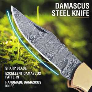 มีดพับพกพาได้ทำจากเหล็กดามัสกัสด้ามจับเขาวัวเครื่องมือยุทธวิธีในการตั้งแคมป์และล่าสัตว์ - Product Image 4