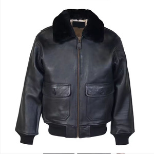 Blouson aviateur classique en cuir noir à col en fourrure détachable Style zippé avec poche à l'avant 2 boîtes Veste décontractée pour hommes - Product Image 3