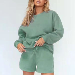 Ensemble survêtement long pour femme personnalisé, sweat-shirt et short 2 pièces, rose, 100% coton molletonné, écologique, en stock - Product Image 3