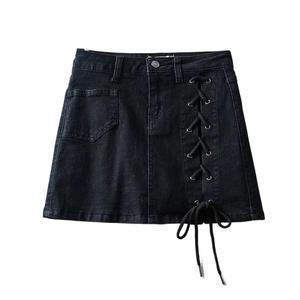 2025 <b>Lace</b>-up High Waist Denim Skirt Women's Mini Short Dress <b>Tight</b> Fit Y2K Style Straight Silhouette Solid for Summer Autumn - Product Image 4