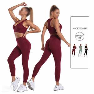 Top Fitness para mujer Conjuntos Patrón sólido Yoga Crop Sport Leggings Precio al por mayor Traje de entrenamiento de 3 piezas con tops cortos - Product Image 3