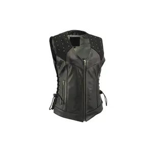 Ladies Bling Black Leather V-Neck Vest Front Zipper Closure Mandarin Collar Two Lower Front Pockets with Zipper Closure