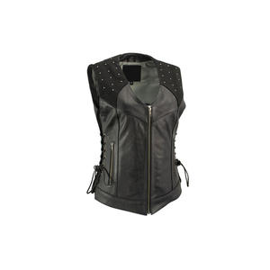 Mesdames Bling Gilet col en V en cuir véritable Fermeture à glissière avant vintage Col mandarin Deux poches avant inférieures Couleur noire - Product Image 1