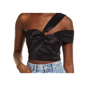 Top Corto in Raso Nero Lulus Party Queen, Traspirante, Imbottito, Senza Spalline con Fiocco, Logo Personalizzato, Top Casual Corto Taglia XS - Product Image 2