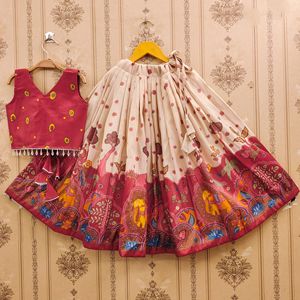 Shoryam Fashion Girls Kids Ethnic <b>Lehenga</b> Choli Set | <b>White</b> Maroon Kalamkari Printed Polyester Wrinkle Free Quick Dry - Product Image 3