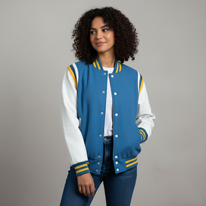 Veste universitaire pour femme avec logo imprimé en sérigraphie personnalisée OEM/ODM, 100% laine, bicolore, respirante, chaude, style hip-hop, doublure en coton avec rivets - Product Image 3