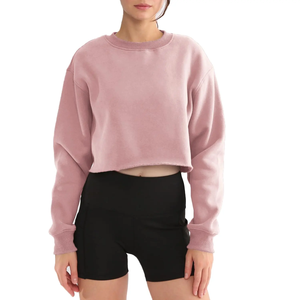 Top corto personalizado, sudaderas con dobladillo crudo, sudadera informal lisa de manga larga con cuello redondo para mujer - Product Image 1