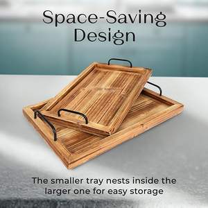 Besti Elegant Rustic Vintage <b>Wood</b> <b>Serving</b> <b>Trays</b> Set of 2 Nesting Boards with Metal Handles Stylish Farmhouse Design Recyclable - Product Image 5