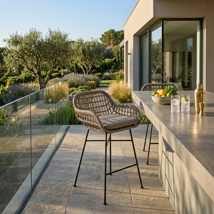 Chaise de salle à manger d'extérieur tressée grise avec structure en tuyau de fer, cordes synthétiques, coussin en tissu d'extérieur Sr10, design artistique et décoratif - Product Image 3