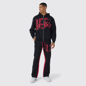 <b>Men's</b> Lightweight Solid Stacked Tracksuit with Puff Printing Logo 100% Cotton <b>Flared</b> <b>Trouser</b> Boxy Hoodie Plus Size Winter - Product Image 4