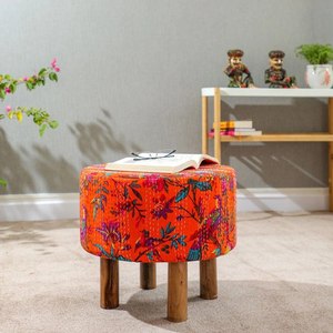 Vintage kantha and Wood Stool Traditional Footstool Cotton Pouffe Ottoman Indian Handmade Embroidered Footstool Ethnic <b>bench</b> - Product Image 5
