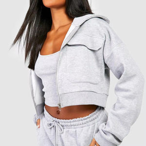 Nuevas Sudaderas Cortas con Capucha para Mujer, Personalizadas, con Cremallera Delantera y Bolsillos, Color Gris Claro, Poliéster/Algodón, Ecológicas - Product Image 4