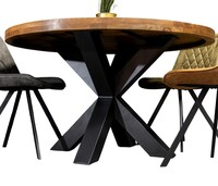 Table à manger de style européen en bois de manguier massif avec finition brute naturelle, forme ronde, 4 places, pieds en métal croisés, pour la maison et l'hôtel