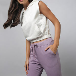 Vente en gros de sweat à capuche court blanc sans manches pour femmes vêtements de sport avec ceinture élastique sweats à capuche sans manches - Product Image 2