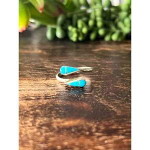 Sterling <b>Silver</b> Turquoise Inlay <b>Ring</b> Rhodium Plated <b>Adjustable</b> Dainty Fine Jewelry - Product Image 1