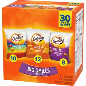 Goldfish Crackers Big Smiles Variety Pack with Cheddar, Colors, and Pretzels, Snack Packs, 30 C Goldfish Cheddar