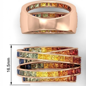 Bague unique en or rose massif 18 carats, saphir arc-en-ciel taille princesse, multi-bandes croisées, sertie en canal, pour soirée de luxe - Product Image 5