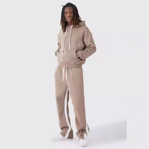 Ensemble de survêtement décontracté pour homme, beige, à capuche, manches longues, couleur unie, coupe ample, 2 pièces (sweat-shirt et pantalon) avec cordon de serrage - Product Image 1