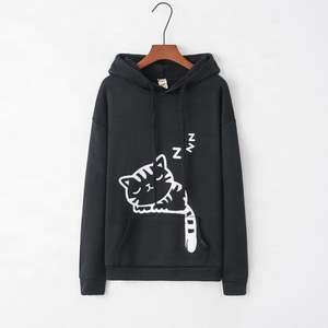 Sudadera con capucha con orejas de gato para mujer, jersey de manga larga de algodón 100% con logotipo frontal, patrón sólido para invierno - Product Image 1