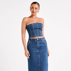 New Wholesale Low Price Women Sexy Tube Tops Denim Tube 2 Pieces Sets Korean Hot Denim Winter Tube Tops women's <b>shirt</b> - Product Image 2