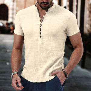 New Versatile <b>Men's</b> Vintage Cotton <b>Linen</b> Casual Henley Collar <b>Short</b> <b>Sleeve</b> <b>Shirt</b> For <b>Men</b> Casual <b>Shirt</b> - Product Image 4
