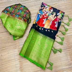 Sari VASTRA COTTAGE de Seda Pura de Lichi con Estampado Digital Kalamkari Pichwai, Borde de Zari Enriquecido, Tejido con Elegantes Borlas y Blusa - Product Image 4