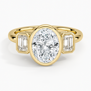 Bague de fiançailles pour femme en or 14K/18K avec trois pierres, diamant ovale cultivé en laboratoire et pierres latérales émeraude, certifiée IGI. - Product Image 2
