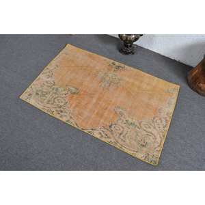 Tapis turc vintage 2.6 x 4.1ft Orange vert Patchwork laine grande surface Latex support Rectangle abstrait pour tapis de chambre de couloir - Product Image 4