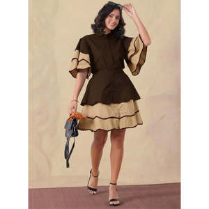Ensemble coordonné 2 pièces en coton pour femme Deebaco, manches bouffantes, col en V, robe chemise courte en dentelle au-dessus du genou, jupe élégante, été - Product Image 1