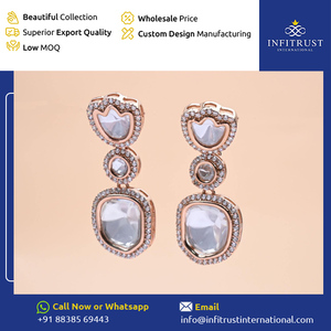 Experts in Selling Outstanding Quality Exquisite White <b>Crystal</b> and <b>Clustered</b> Floral Polki Statement Stud Earrings for Women's - Product Image 2