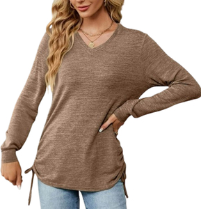 Venta al por mayor de las mujeres de talla grande Casual de manga larga con cuello en V de punto Camiseta 100% algodón 180g transpirable de secado rápido bordado Logo - Product Image 4
