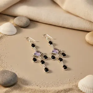 925 Silver <b>Drop</b> <b>Earrings</b> with Amethyst & Black Onyx for Women <b>Fashion</b> Accessory - Product Image 2