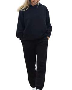 Ensemble de survêtement en molleton pour femmes noires, sweat-shirt à capuche chaud et pantalon de jogging, doux, décontracté, deux pièces, vêtements de détente pour l'hiver - Product Image 1