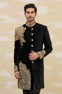 2024 dernière mode or Zari broderie Sherwani avec pantalon noir fête-porter/robe de mariée grande taille Design - Product Image 2