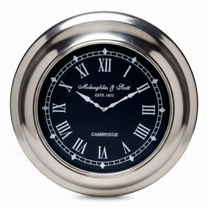 Vintage Roman Numeral Wall Clock McLaughlin Scott Cambridge Style Silver Metal Round Decorative Watch Living Room Home Office - Product Image 1