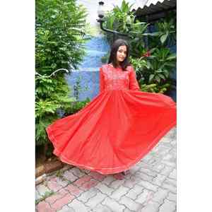 Elegante Kurta Anarkali Roja Lehariya con Estampado a Mano para Mujer, Vestido Pakistaní, Georgette con Diseño Étnico, Vestido Indio - Product Image 3