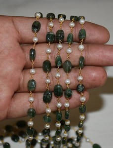 Perle blanche plaquée or de qualité supérieure et chaîne de chapelet de perles ovales vertes naturelles, chaîne de perles en fil métallique pour la fabrication de bijoux - Product Image 3