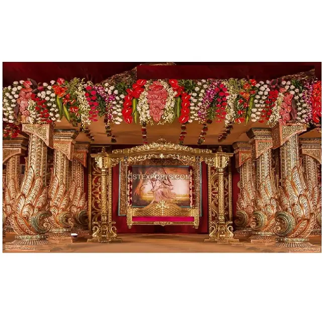 Pilier de paon Radha Krishan thème mariage Mandap Grand mariage du sud Mandap configuration pilier de paon pour mariage Mandap