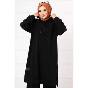 ชุดกางเกงขาสั้นปักลายมีฮู้ดสำหรับผู้หญิง2ชิ้นเสื้อสีดำขนาด XS ทรงหลวมยาวเท่าเข่า - Product Image 1