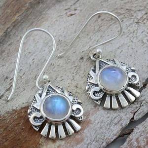 Fancy Looking Renewal Moonstone <b>Dangle</b> <b>Earring</b> Sterling <b>Silver</b> Rhodium Plated Bezel Set Wedding Anniversary Gift Jewelry - Product Image 1