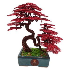 Sculpture d'arbre bonsaï en pin fait main, art en fil d'aluminium, feuilles rouges, taille 20x20x18, pour Halloween, la Saint-Valentin, le Nouvel An - Product Image 4