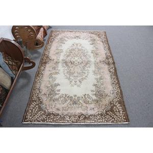 Vintage Turkish Rug, 3.8x6.5 ft Area Rug, <b>Brown</b> Pink Check <b>Wool</b> Rug - Product Image 1