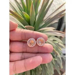 925 Silver Round Morganite <b>Stud</b> <b>Earrings</b> Gold Plated with Bezel Setting for Wedding or Engagement - Product Image 1