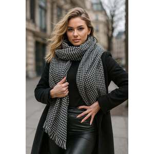 Women's Black Houndstooth Pattern Scarf - Shawl 70x180 Cm Sal1220 - Black1 - Product Image 1