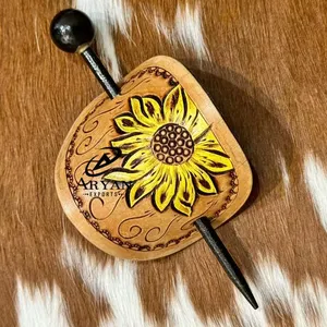 New Handcrafted Tooled Leather Vintage Hair Stick High Quality Western Genuine Leather Women Barrette Clips Sunflower Hair Stick