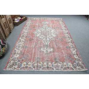 Vintage Eco-Friendly Latex Backing Traditional Turkish <b>Wool</b> Rug 5.7x9.7 ft <b>Red</b> Blue Patchwork - Product Image 1