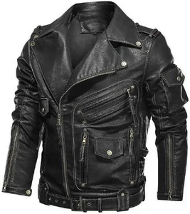 แจ็คเก็ตหนัง PU ผู้ชายมีกระเป๋าซิปมีกระเป๋า, แจ็คเก็ตหนังคุณภาพสูงนักบินบอมเบอร์มีซิปแจ็คเก็ตหนังลำลองสำหรับนักขี่จักรยาน - Product Image 1